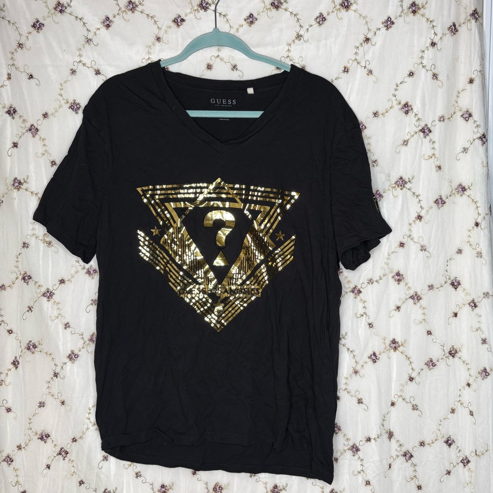 GUESS Black Tee with Gold Geometric Design